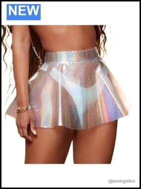 Shiny TPU Polyester Flared Pleated See Through Mini Skirt High Waist Clubwear